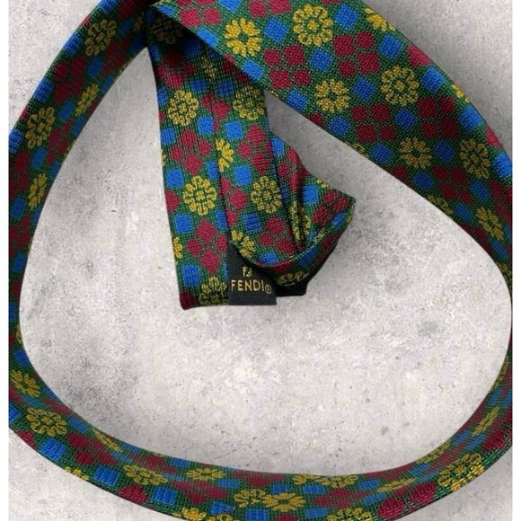 FENDI Silk Tie ITALY Green Red Yellow Geometric Floral W:3.7" EUC - Picture 3 of 7